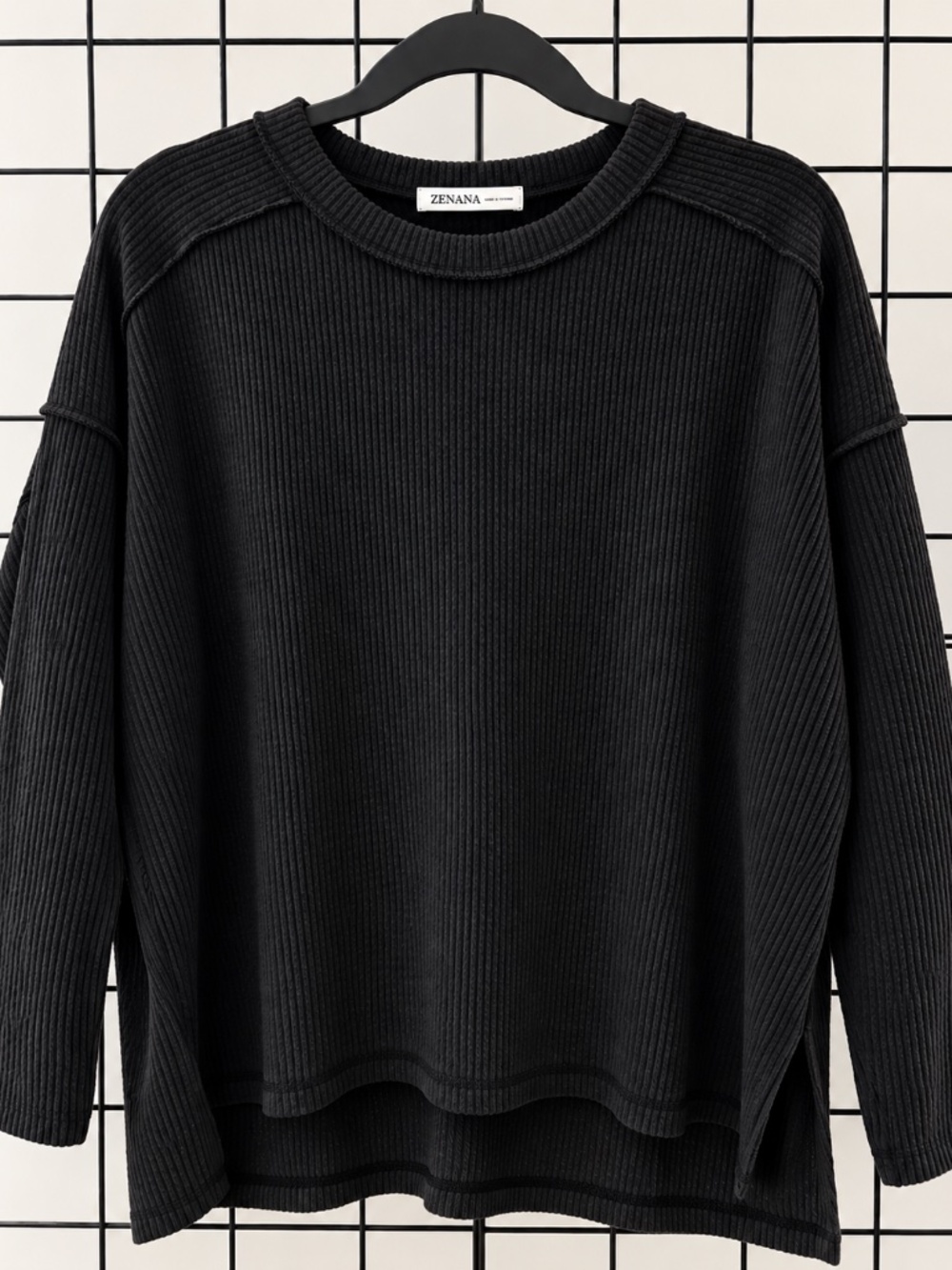 Zenana Black Ribbed Oversized Long Sleeve Top